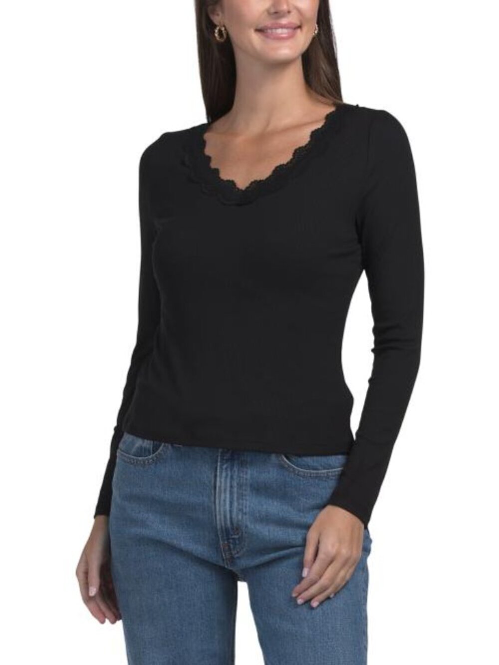 RACHEL ZOE Long Sleeve Tee With Lace Trim